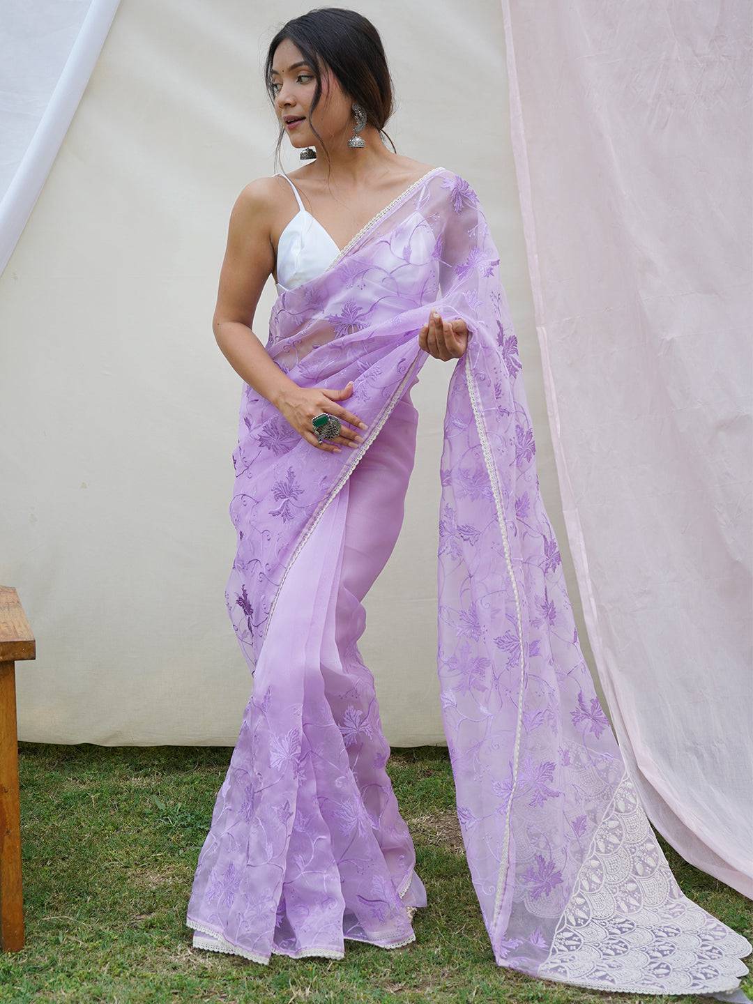 Embellished Organza Silk Saree with Lucknowi Chikankari Work