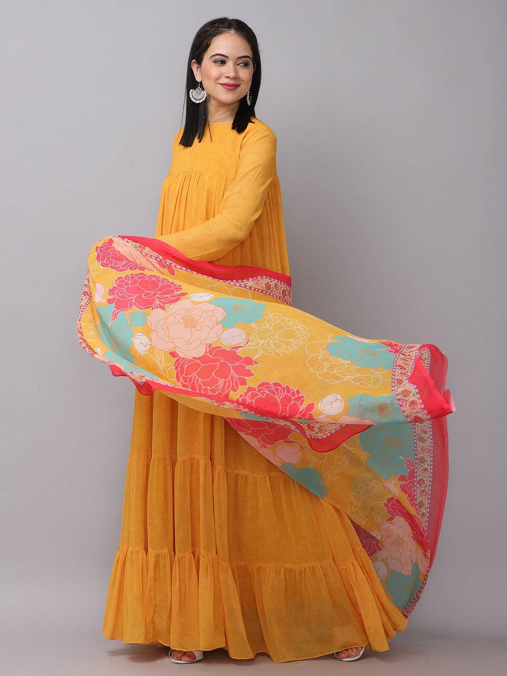 Sunlit Mustard Flared Long Dress with floral dupatta