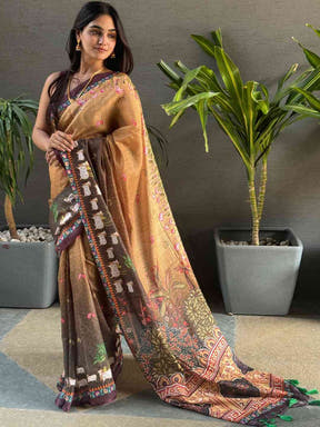 Traditional Soft Linen Brown Ombre Pichwai Saree display