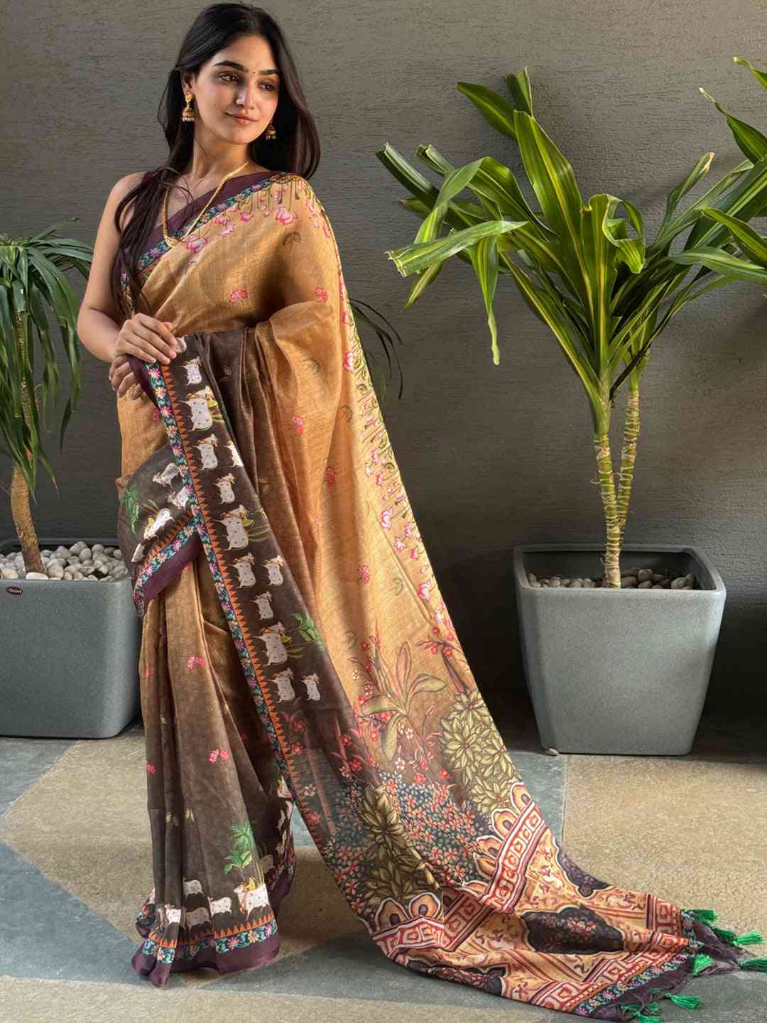 Traditional Soft Linen Brown Ombre Pichwai Saree display