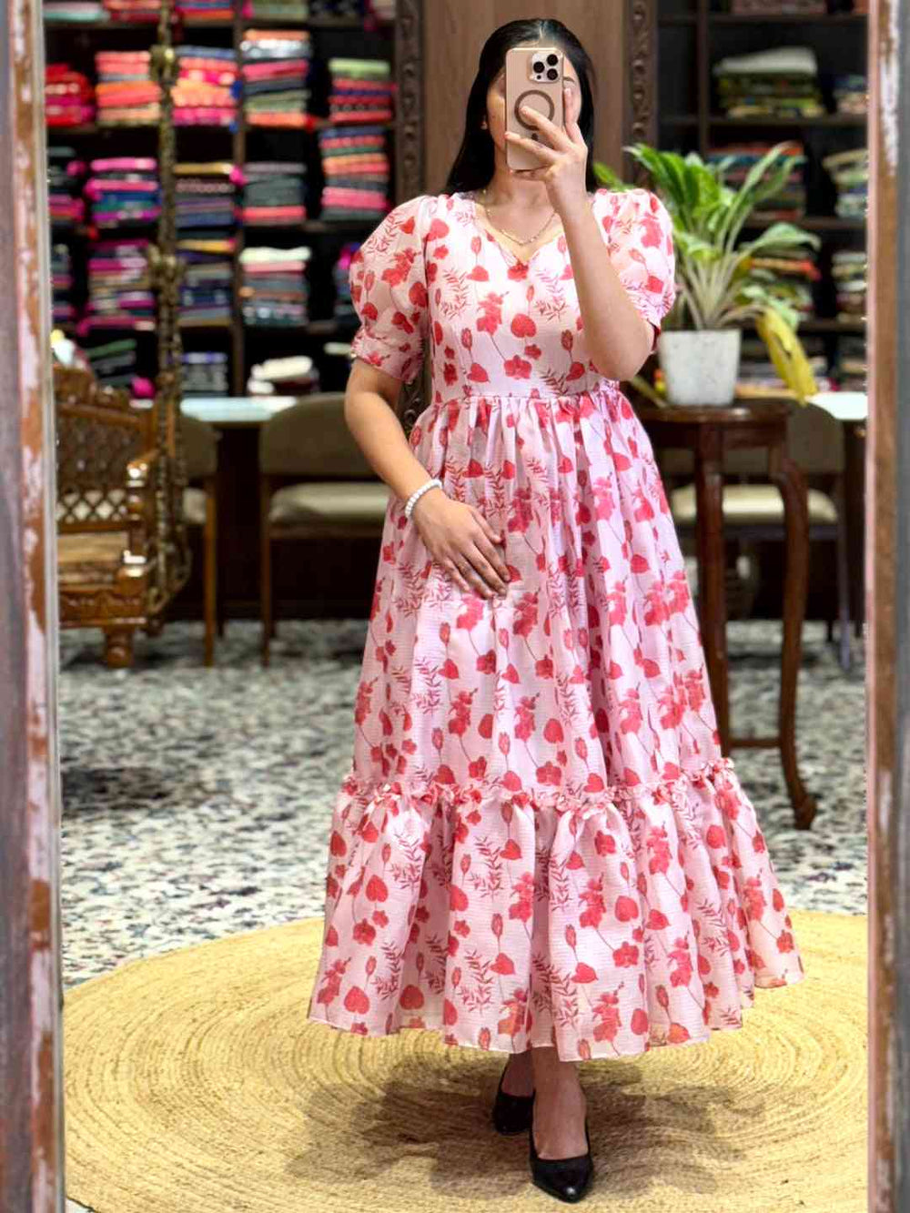 Light Pink Floral Print Midi Dress