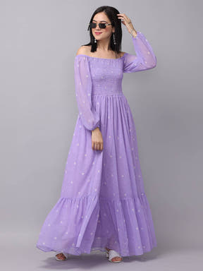 Lilac polka dot smocked maxi dress with sunglasses