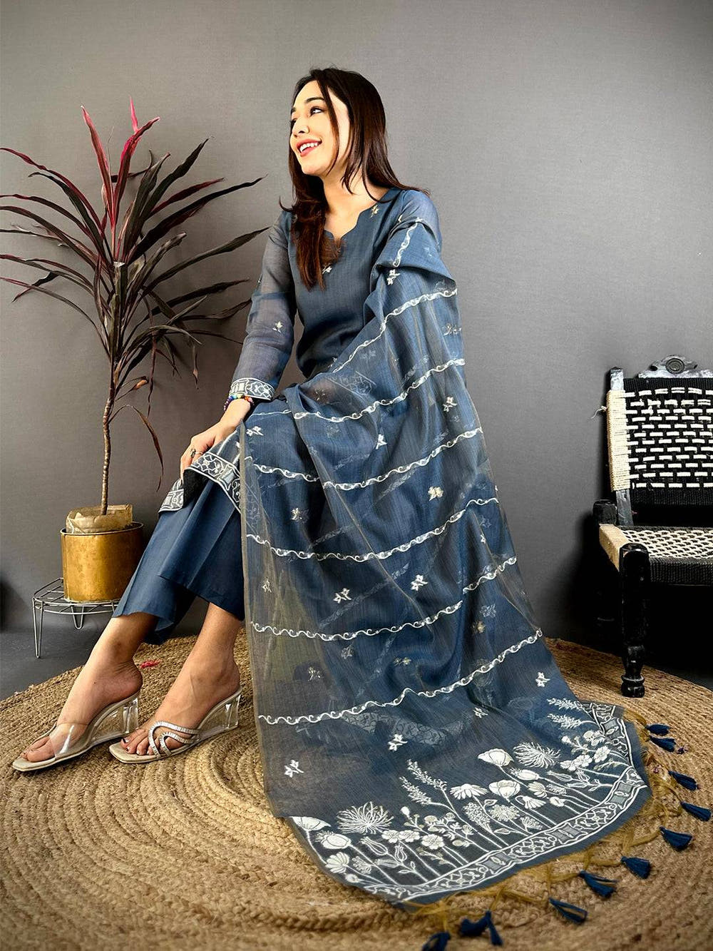 Regal Navy Floral Woven Dress