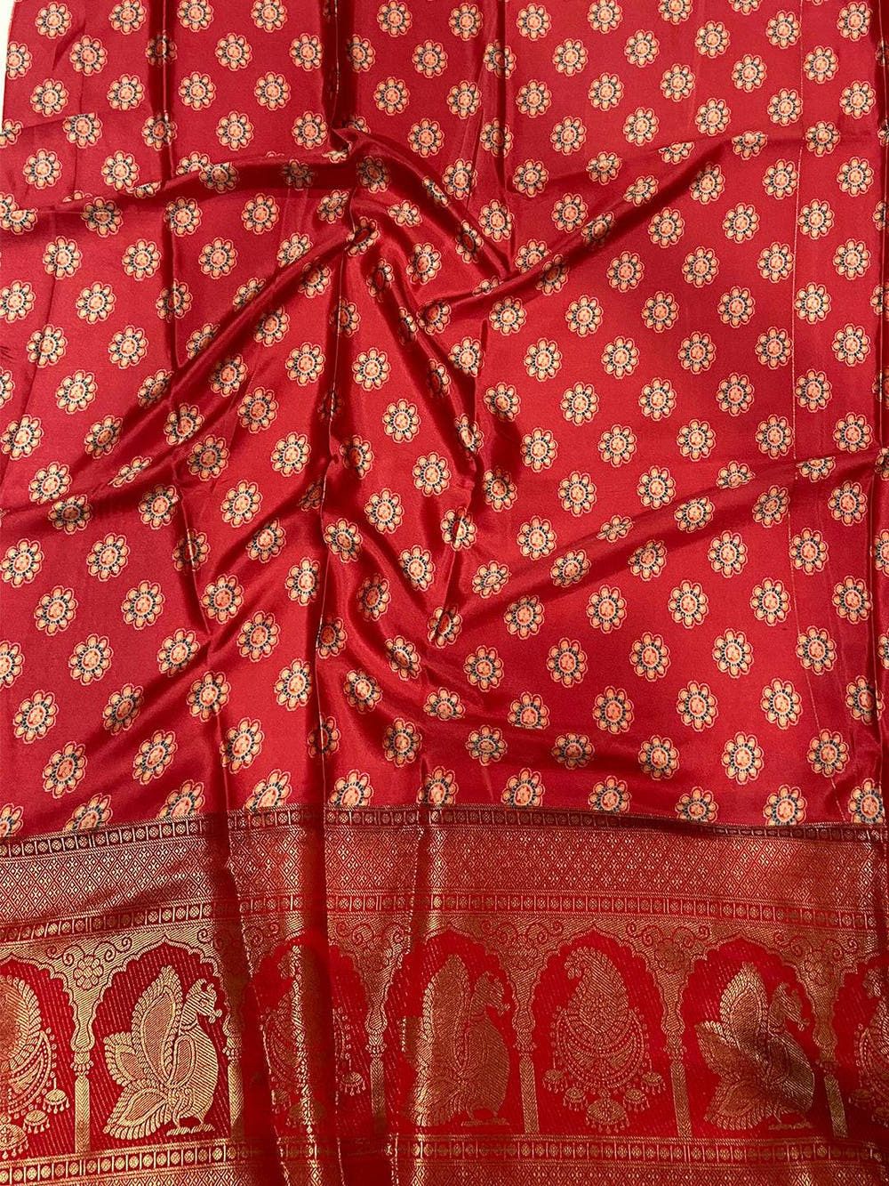 Vibrant Soft Cherry Satin Kalamkari Print Saree