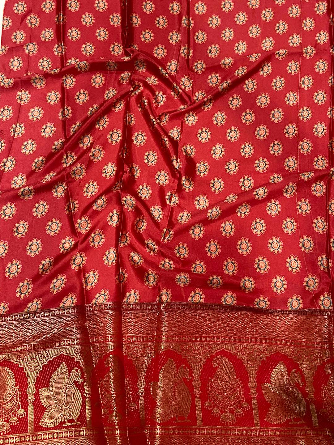Vibrant Soft Cherry Satin Kalamkari Print Saree