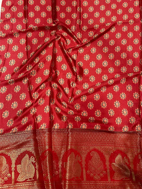 Vibrant Soft Cherry Satin Kalamkari Print Saree