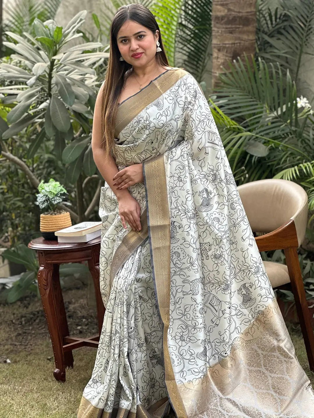 Elegant Kalamkari saree with intricate block print design