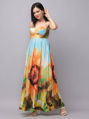 Side pose of multi-color floral print long dress