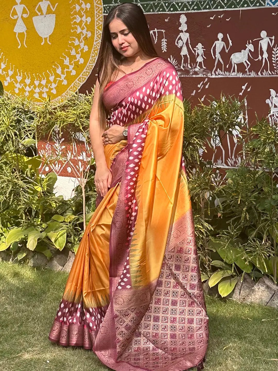 Banarasi Soft Silk Saree with Patola Pallu showcased in garden setting