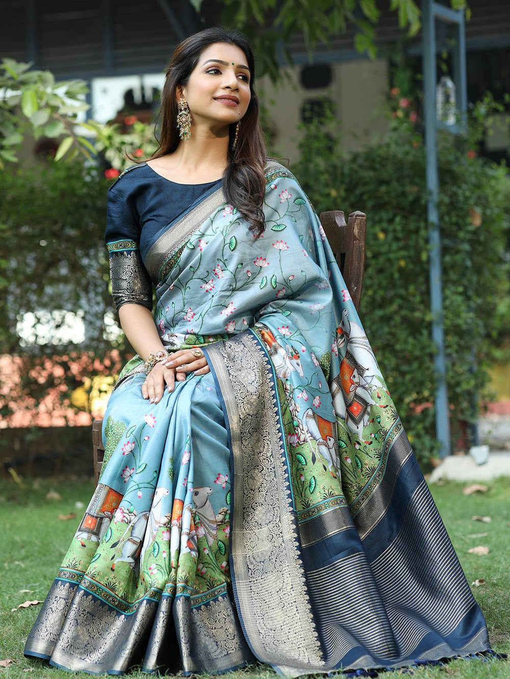 Pichwai Print Zari Weaving Pallu Saree In Sky Blue Colour