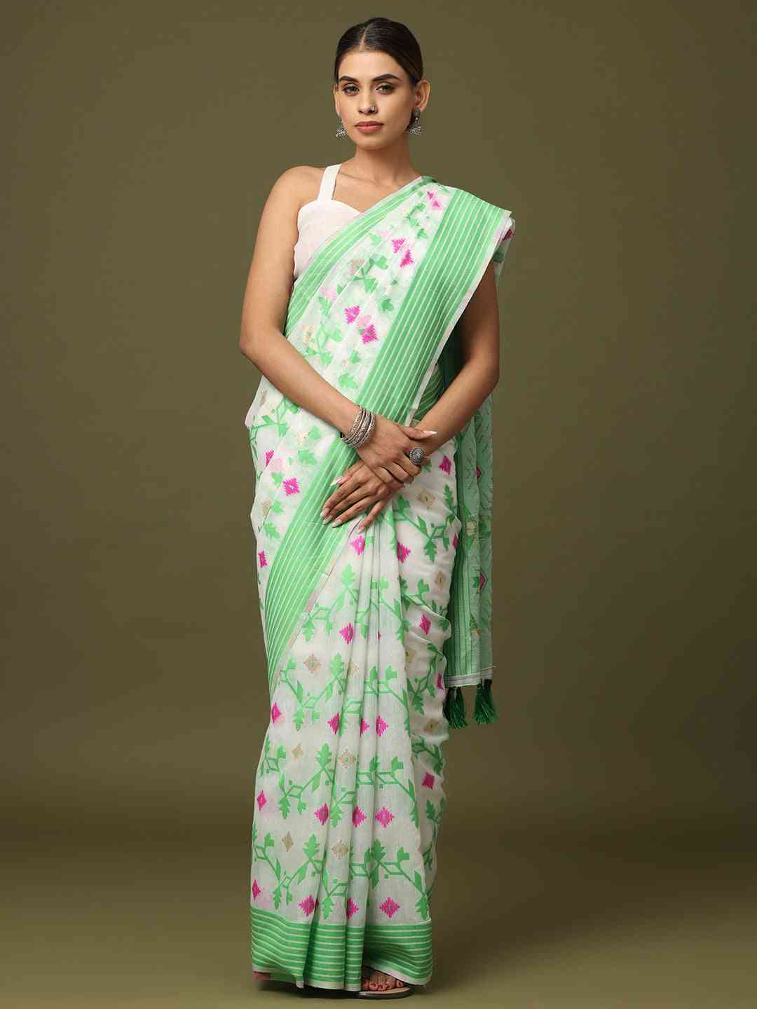 Elegant cotton silk Jamdani saree with green stripes and floral motifs