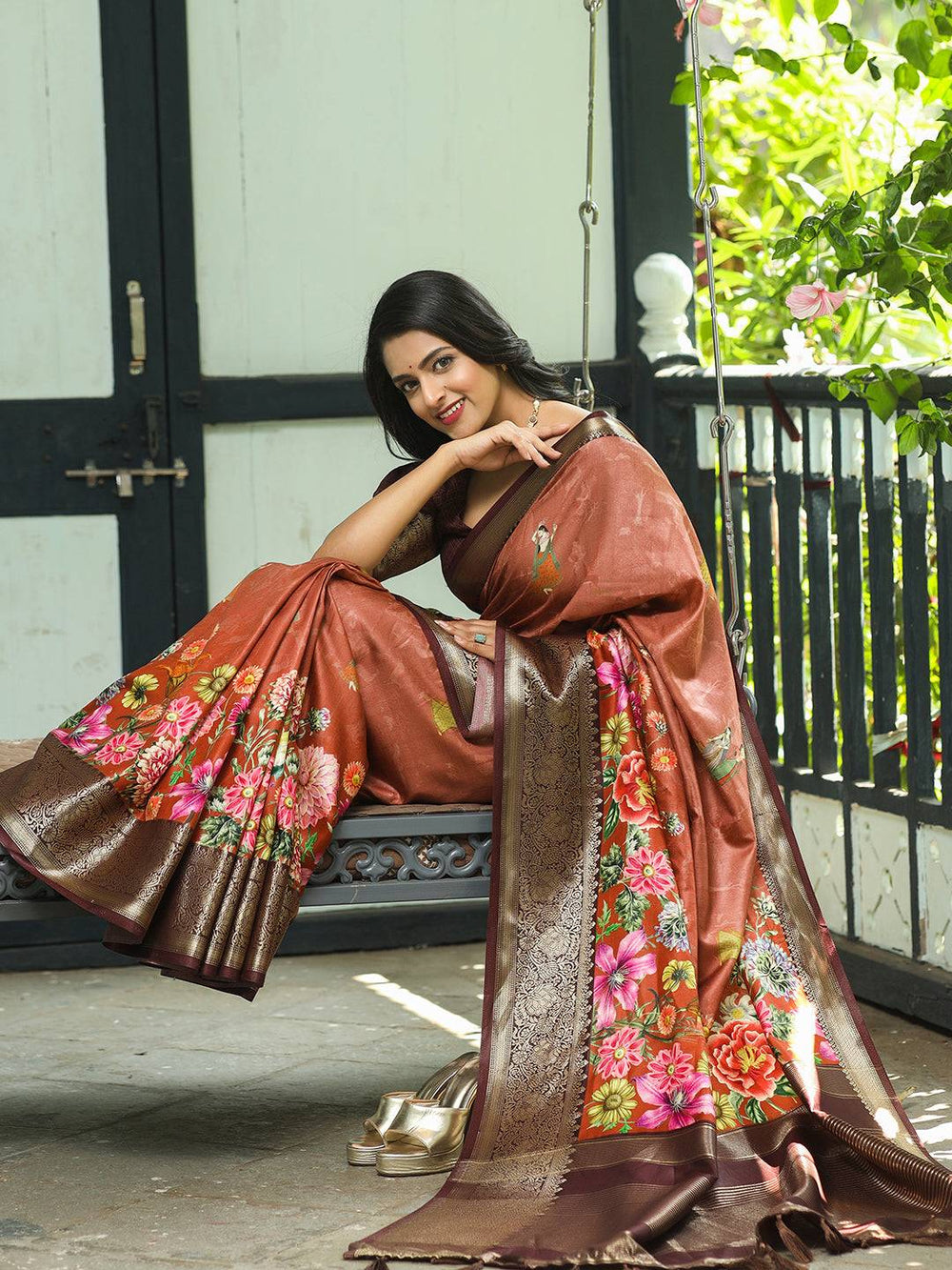 Brown Colour Pure Viscose Dola Silk Saree With Floral Print