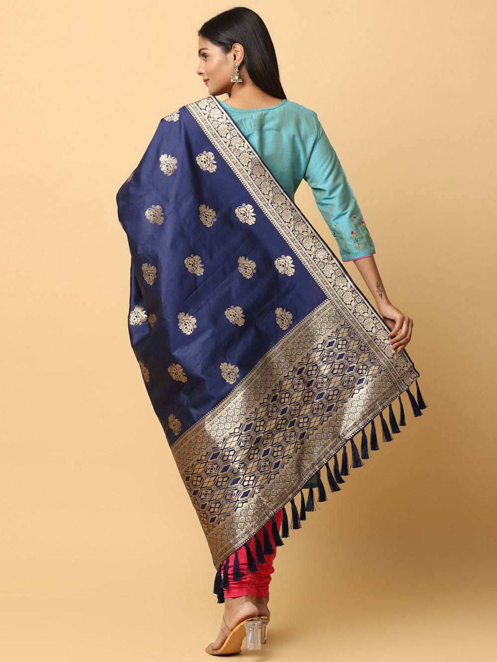 Back view of navy silk blend dupatta with intricate design