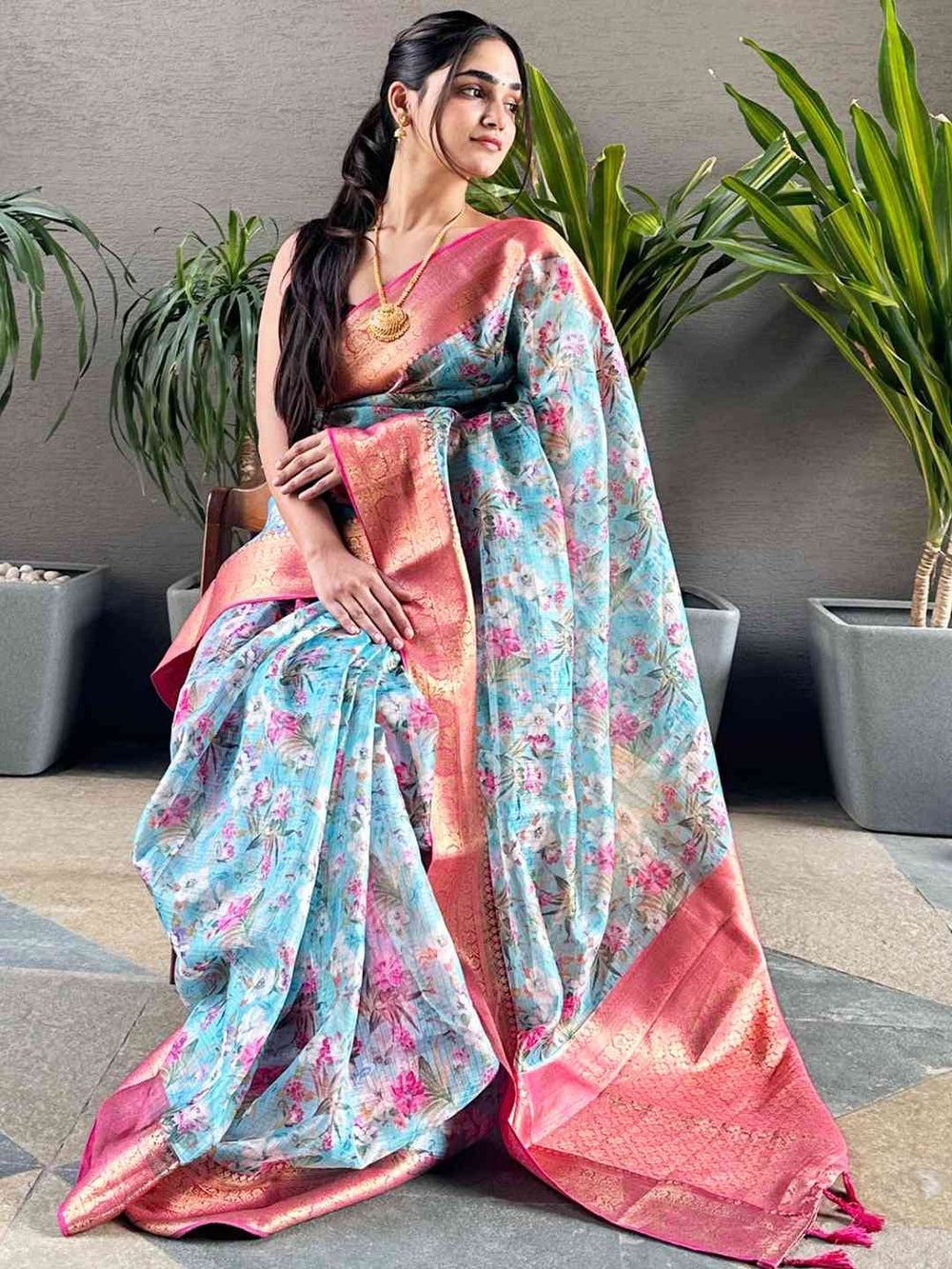 Trendy turquoise digital flower print Kota silk saree