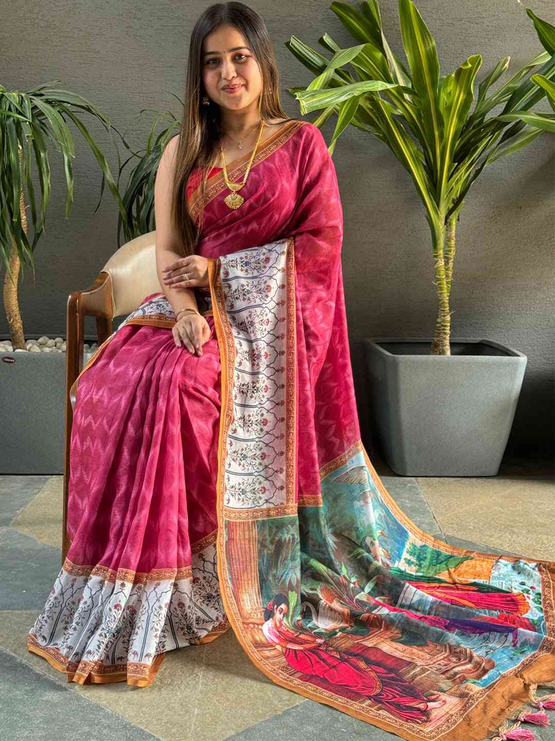 Rani color Ikkat saree with Kalamkari block print design