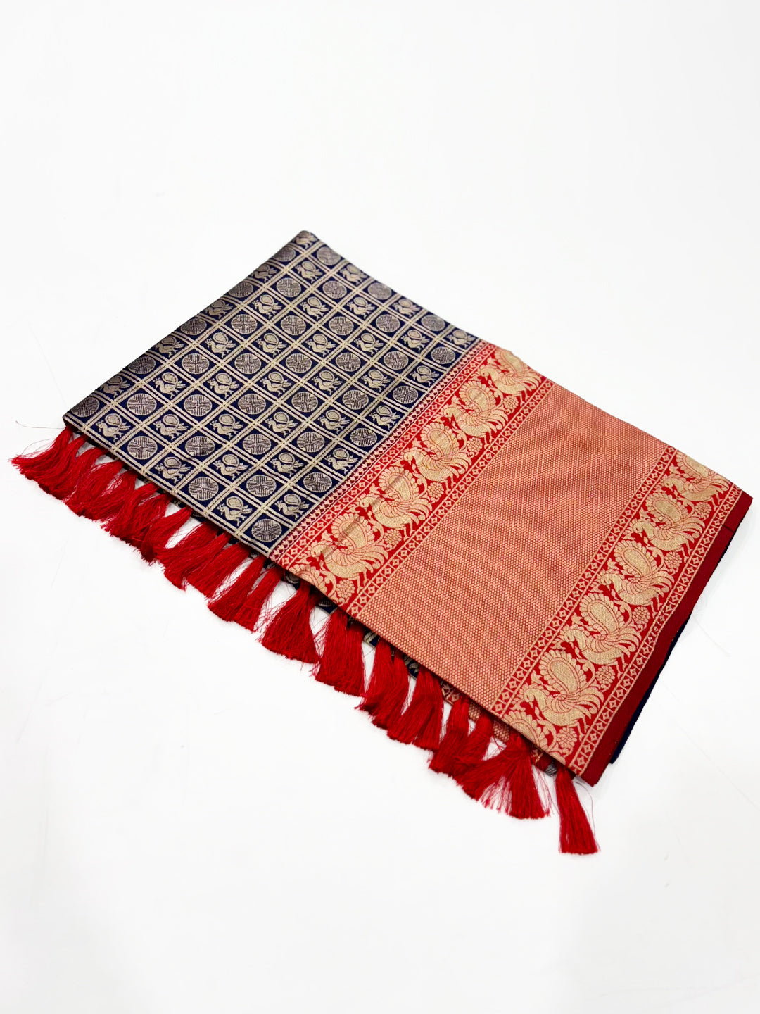 Navy Blue Silver Zari Butta Kanjivaram Silk Saree