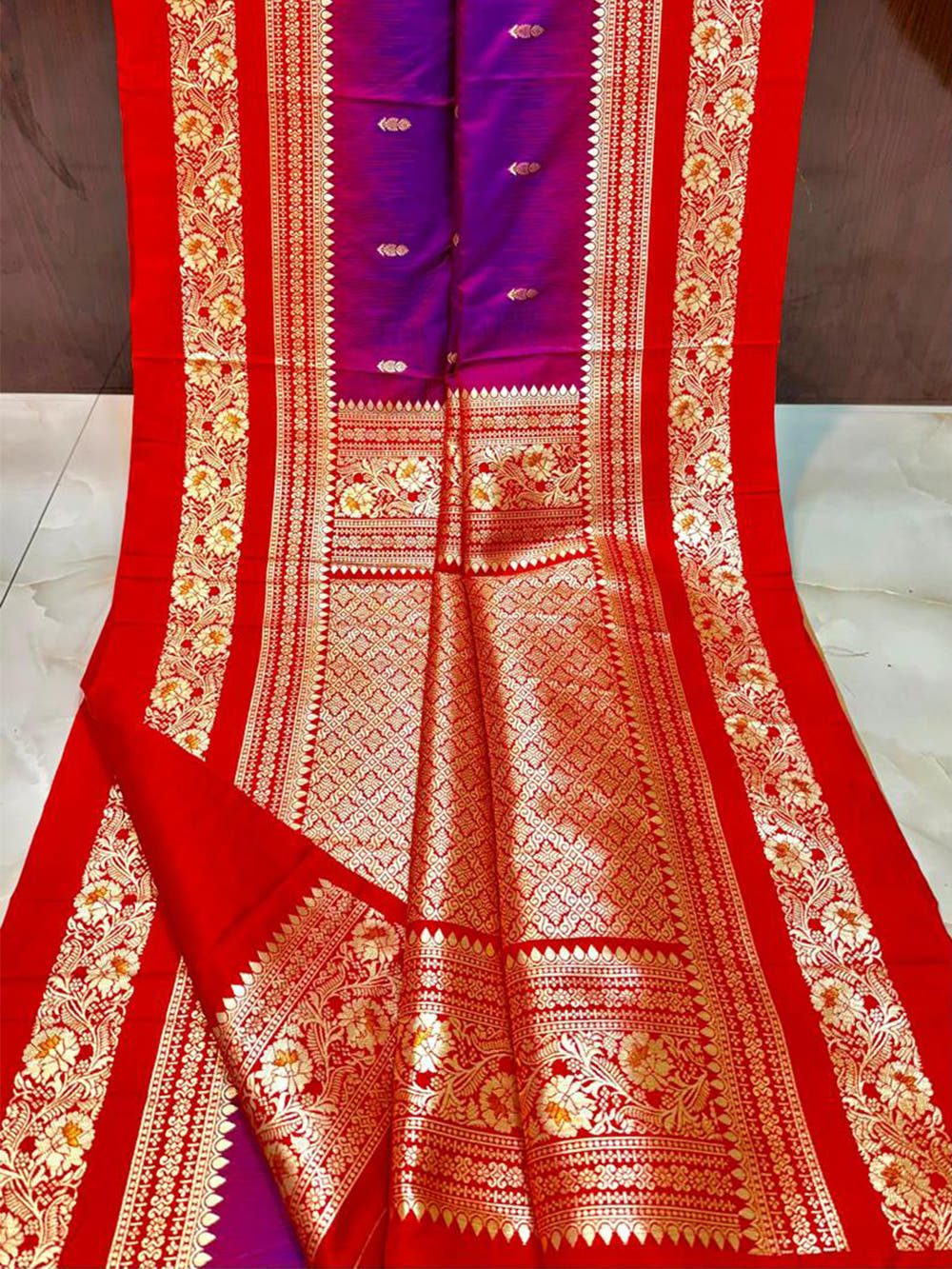 Gold Zari Woven Purple Soft Silk Saree


