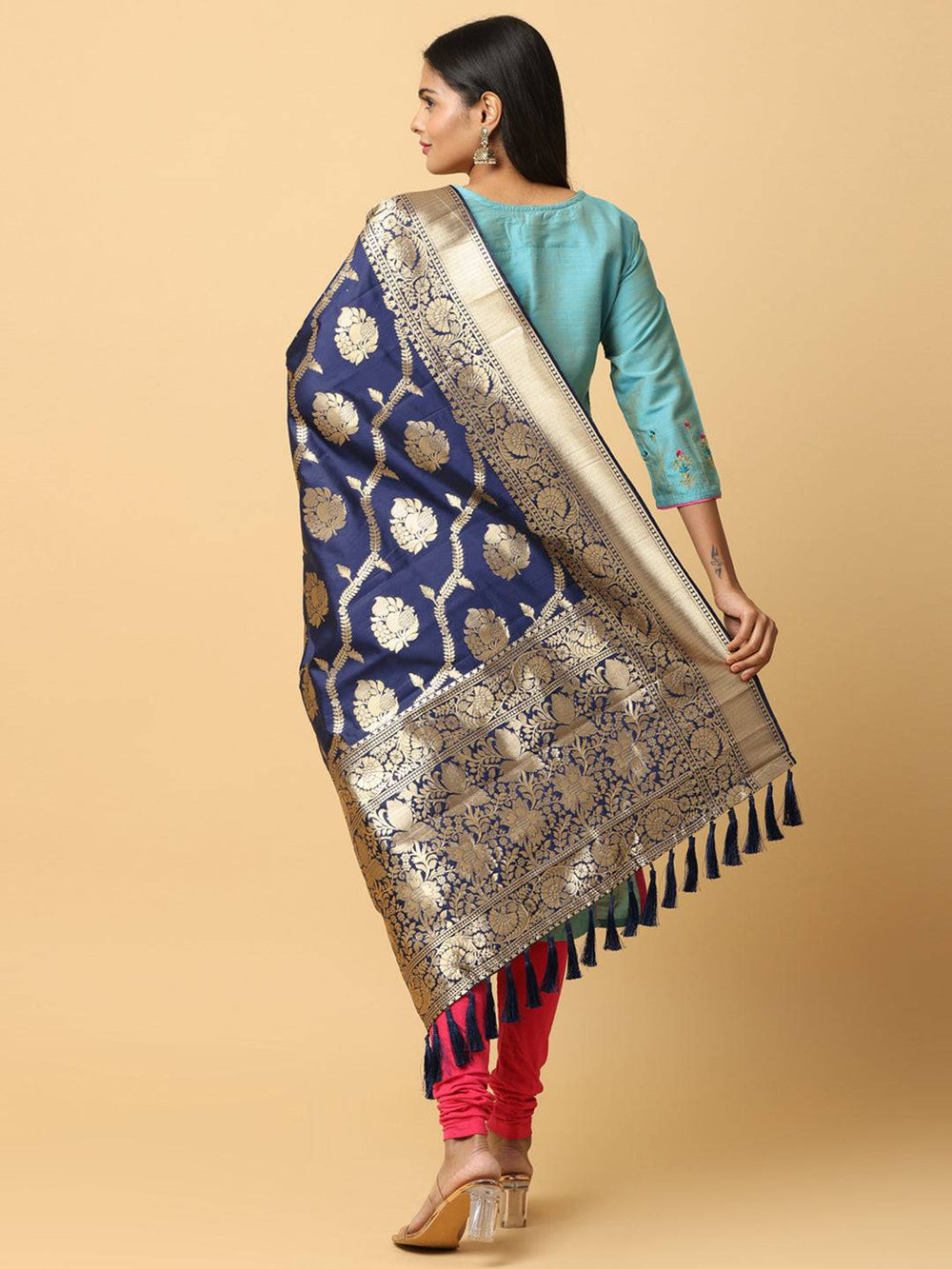 Elegant dark blue silk blend dupatta featuring intricate patterns
