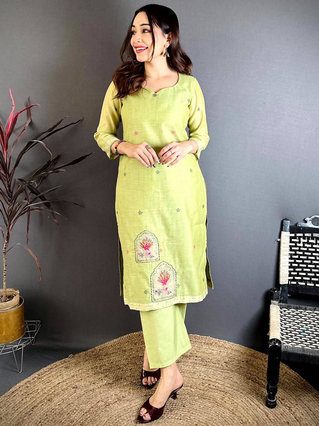 Lime Green Hand Embroidered Suit Set