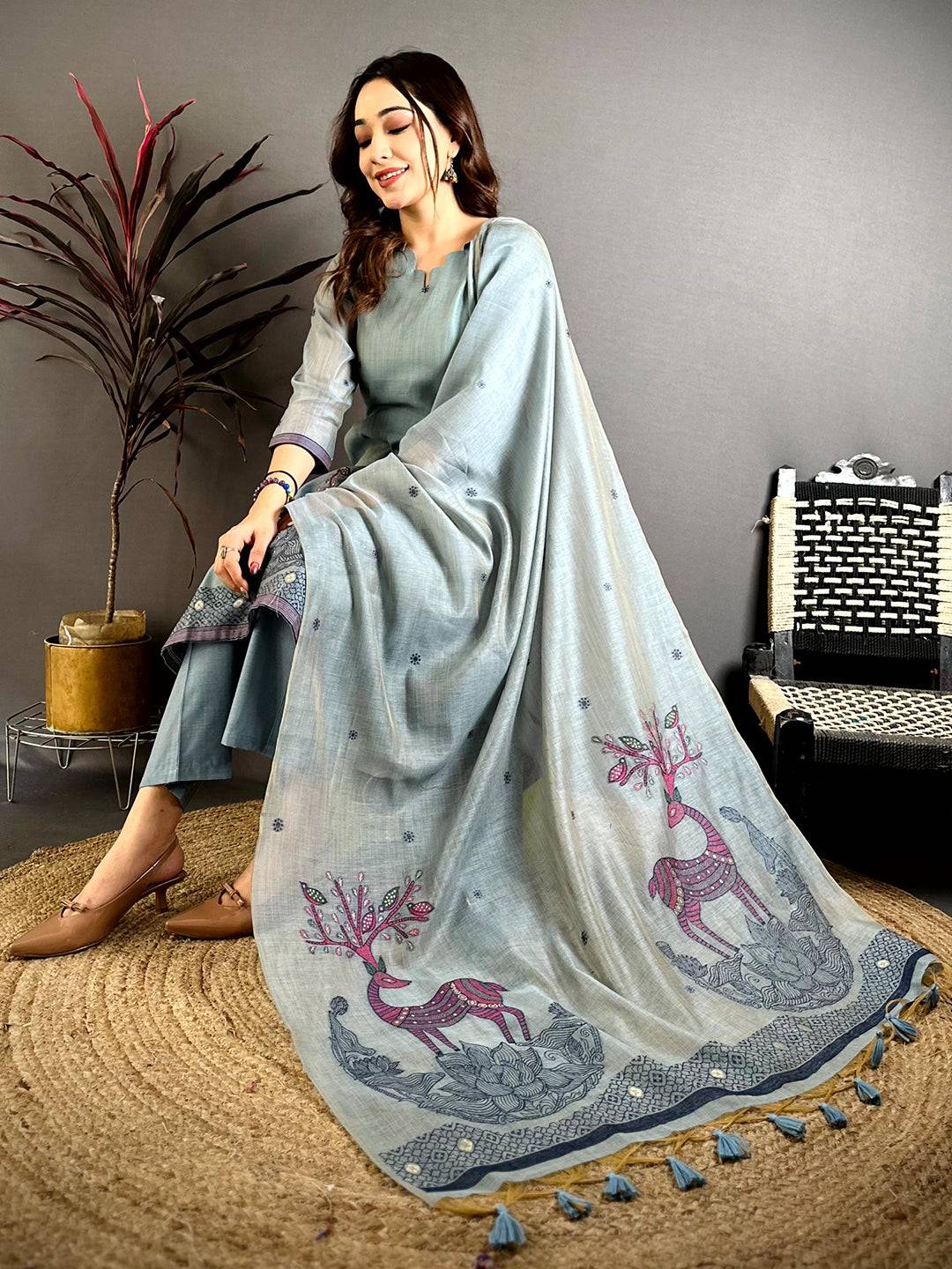 Royal Steel Blue Floral Suit Set