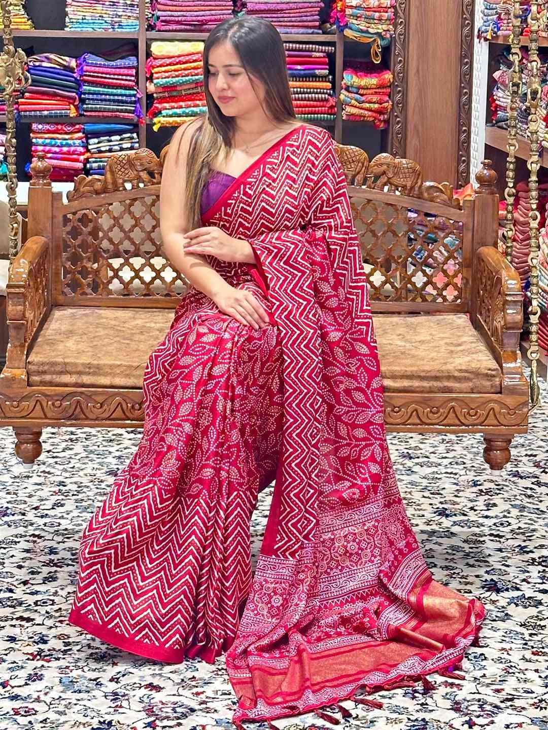 Charming red Manipuri silk saree with foil print design