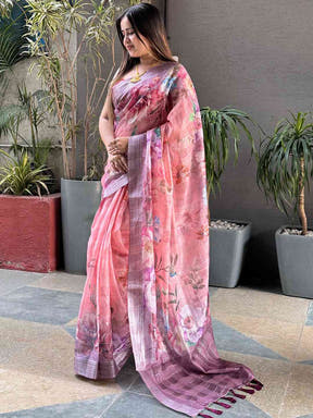 Charming floral print saree with traditional zari chex