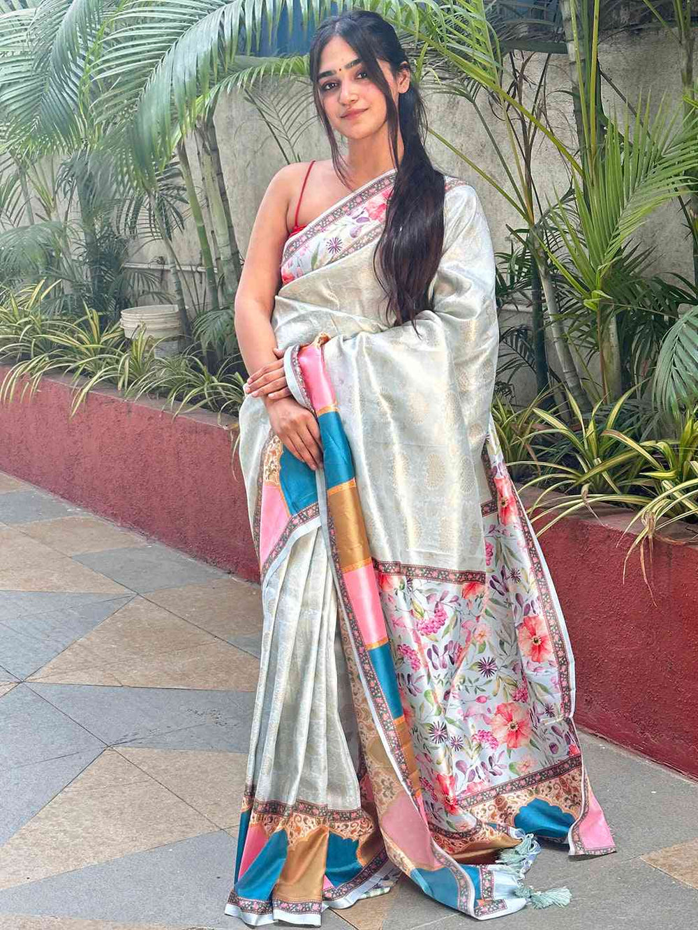 Stylish Kanjivaram Saree with Mughal Print and floral accents