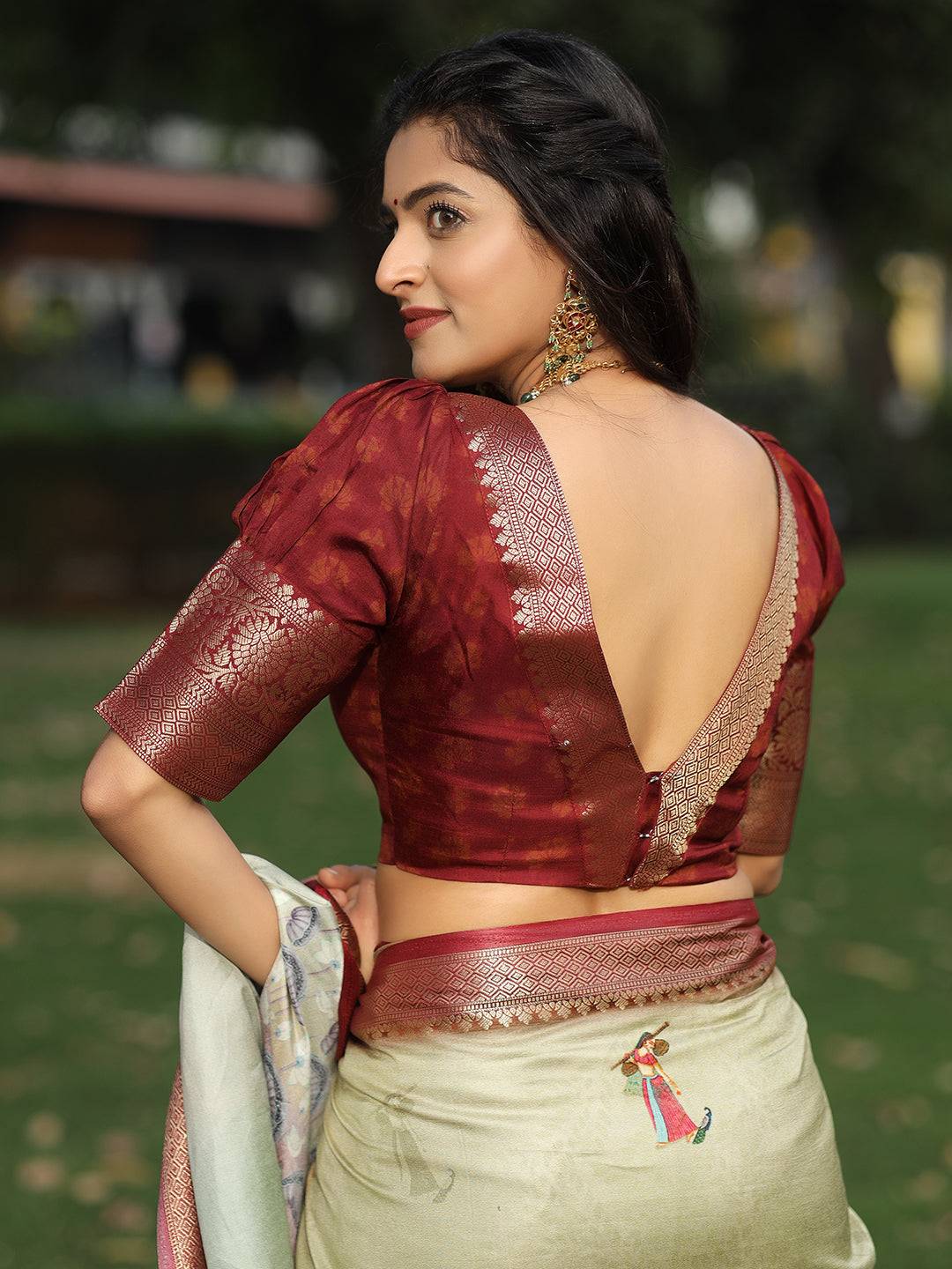 Viscose Dola Silk Pista Saree with Floral and Mughal Print