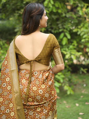 Brown Ajrak Block & Hand Kalamkari Print Pure Viscose Saree 