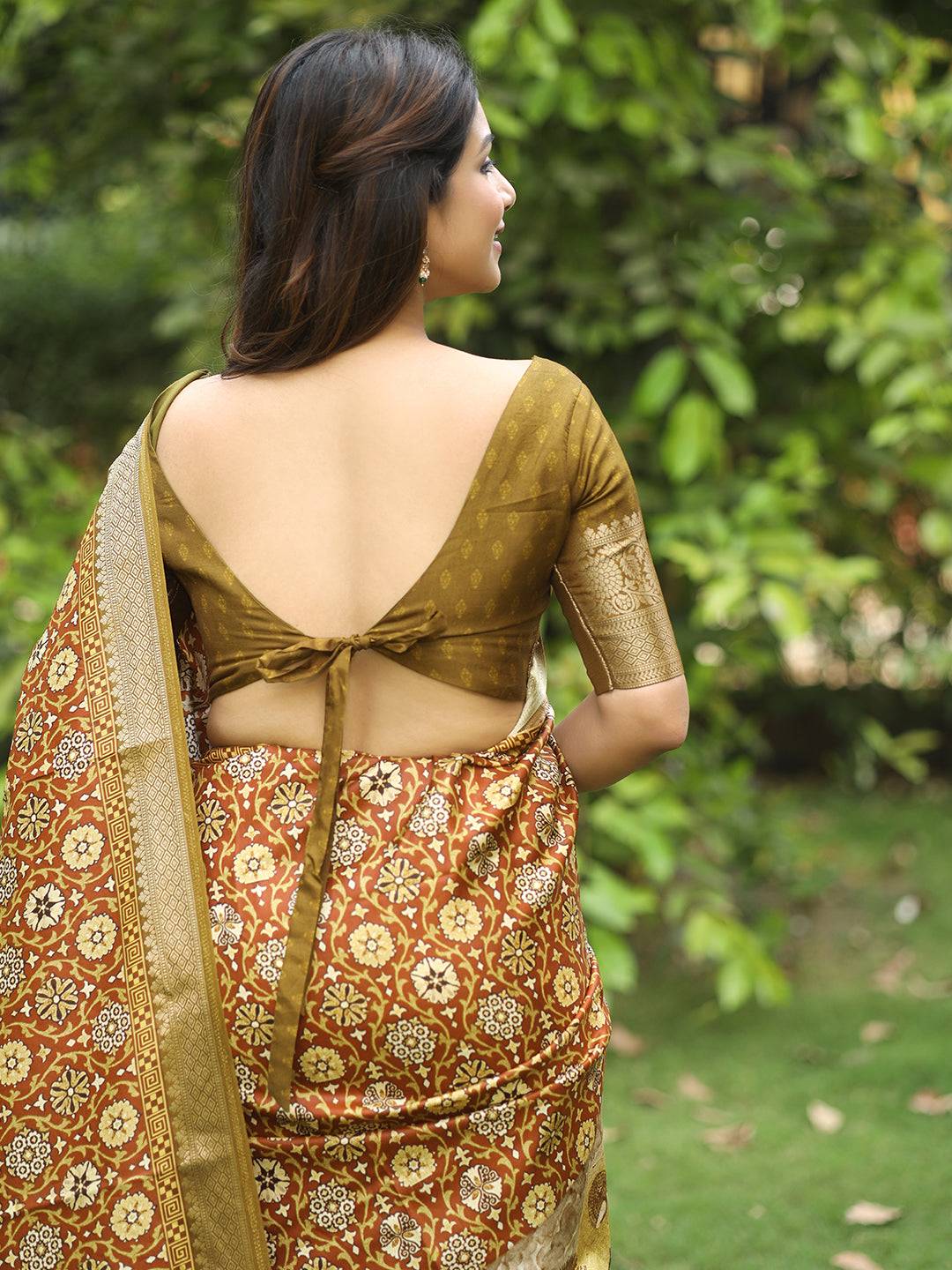 Brown Ajrak Block & Hand Kalamkari Print Pure Viscose Saree 