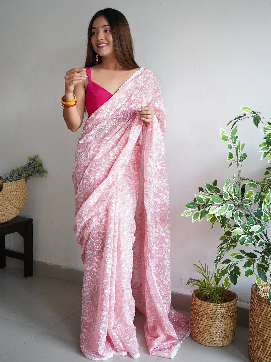 Pure Cheese Soft Chiffon Silk Saree with Lucknowi Print 