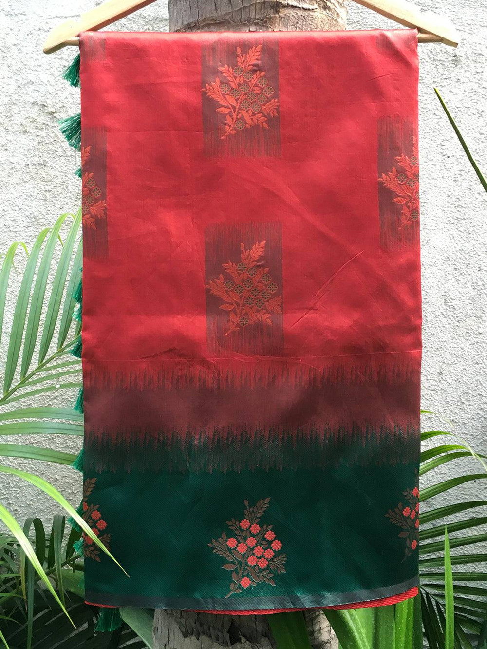 Cherry Red Sami Banarasi Tussar Silk Saree fabric with ikkat pattern