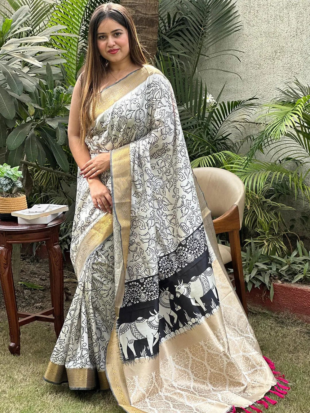 Traditional Kalamkari saree featuring detailed block prints