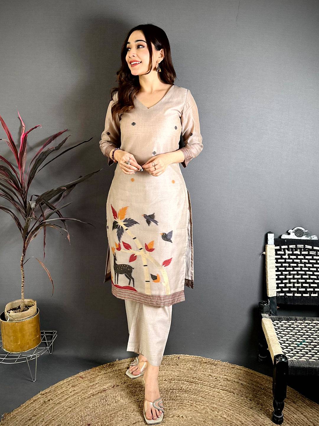 Royal Beige Floral Fusion Dress

