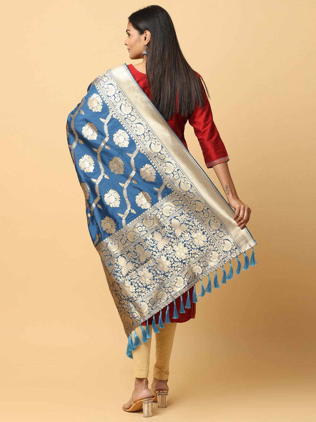 Back view of Royal Blue Silk Blend Woven Dupatta