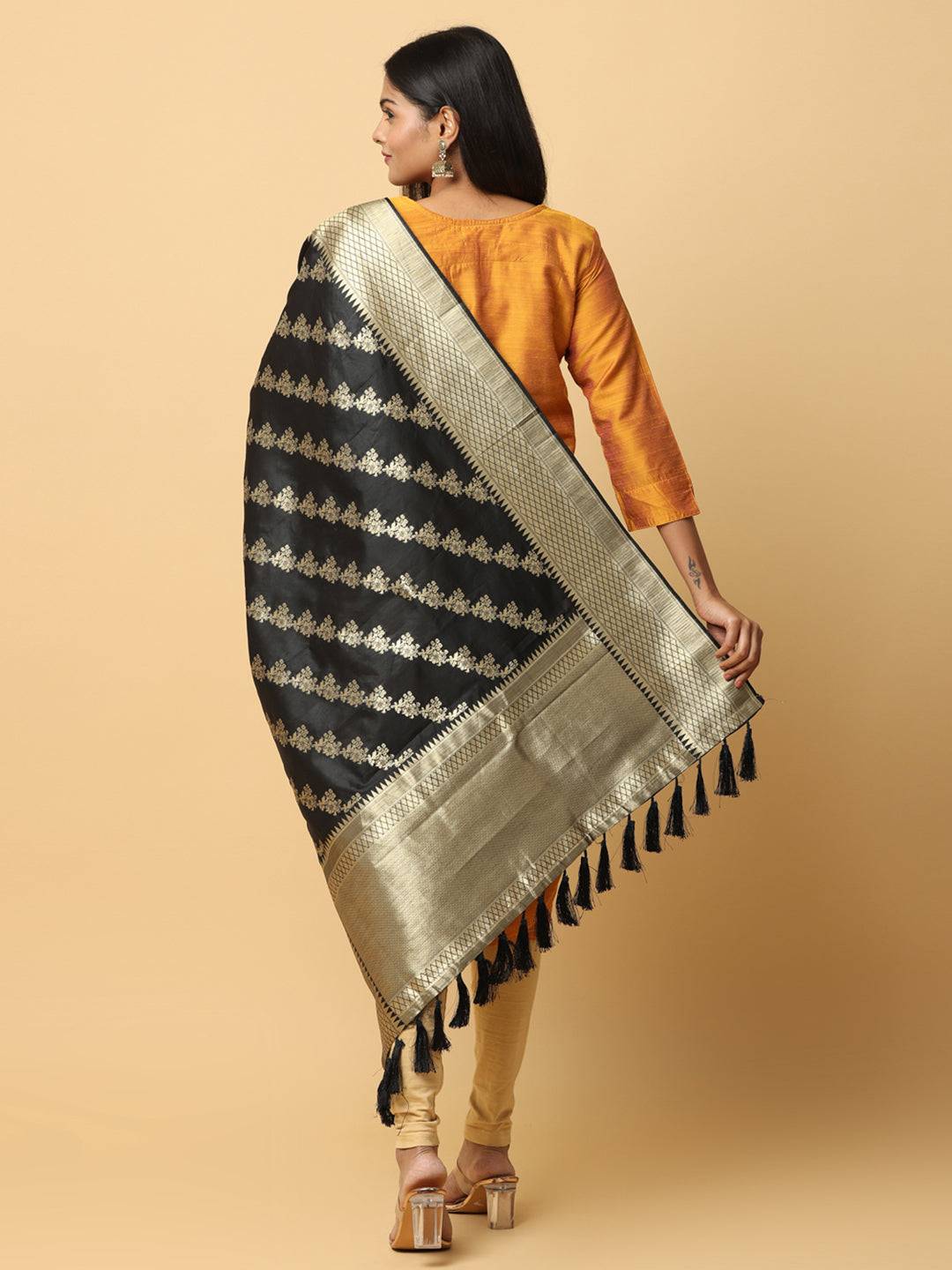 Elegant black dupatta featuring intricate woven patterns.