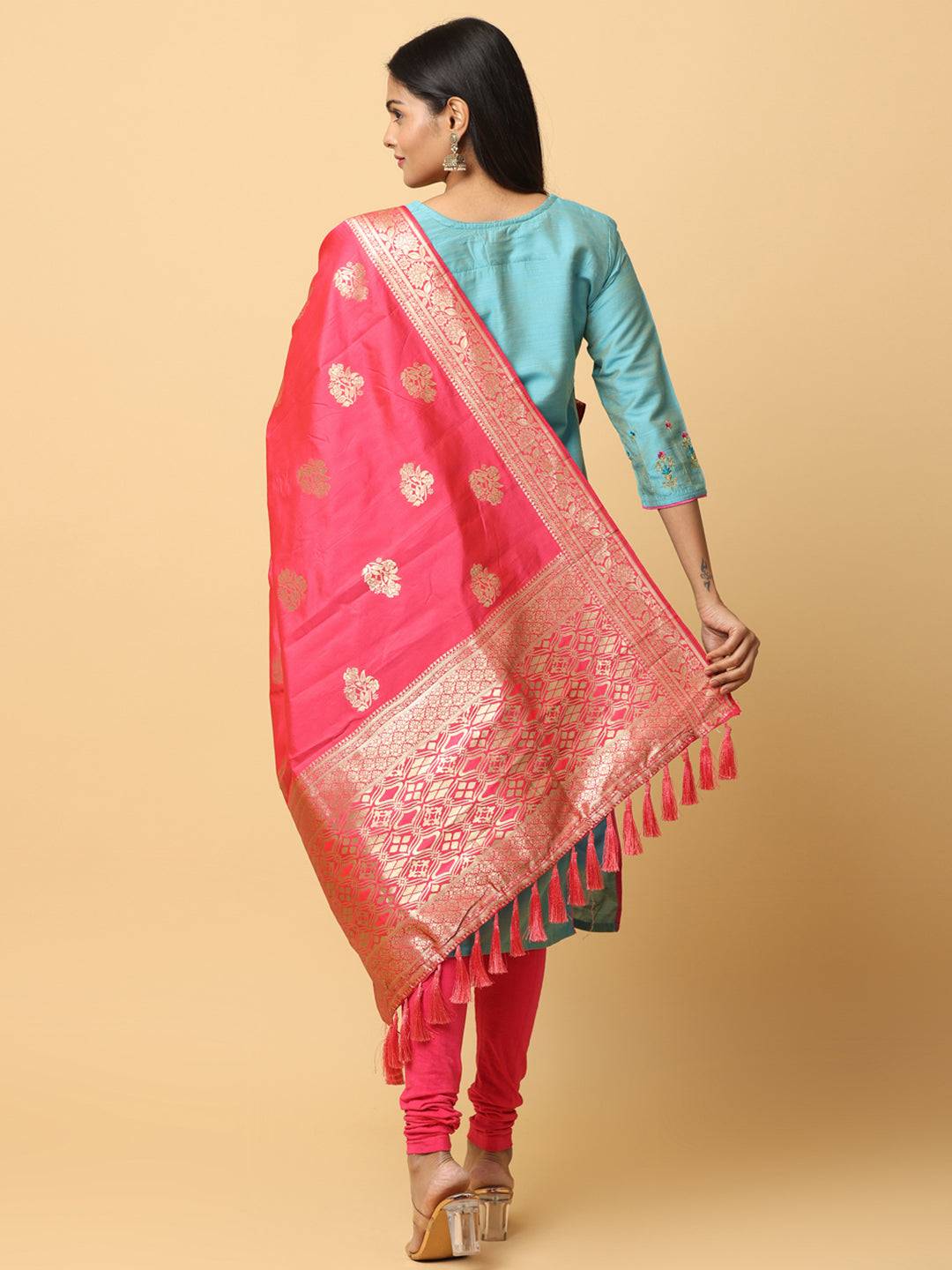 Back view of pink silk blend woven dupatta with tassels