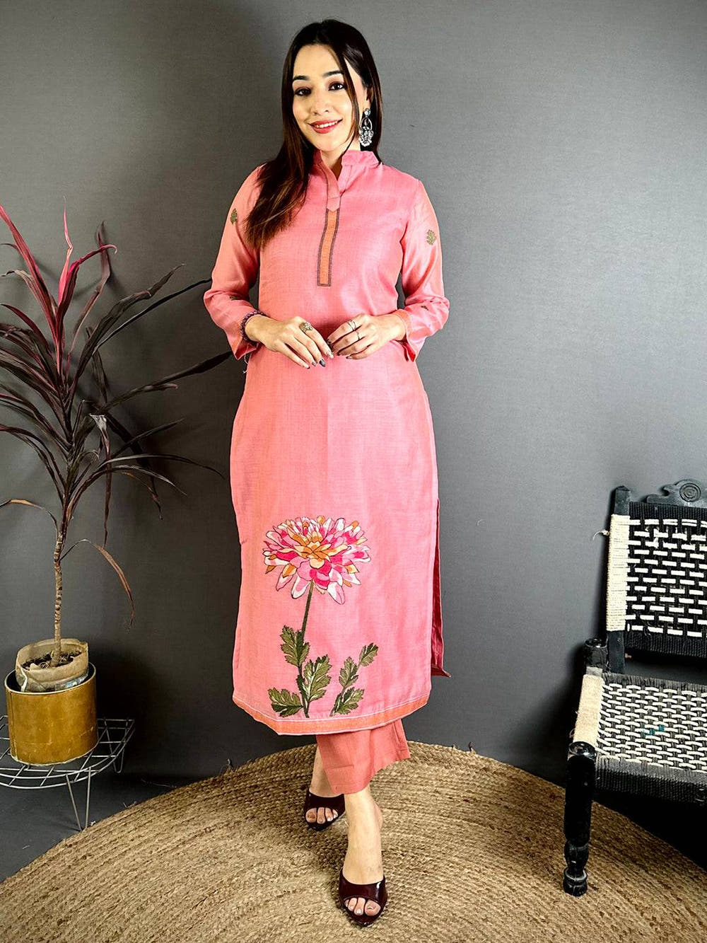 Salmon Pink Floral Cotton Dress

