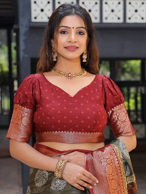 Olive Viscose Dola Silk Saree With Kalamkari & Mughal Print