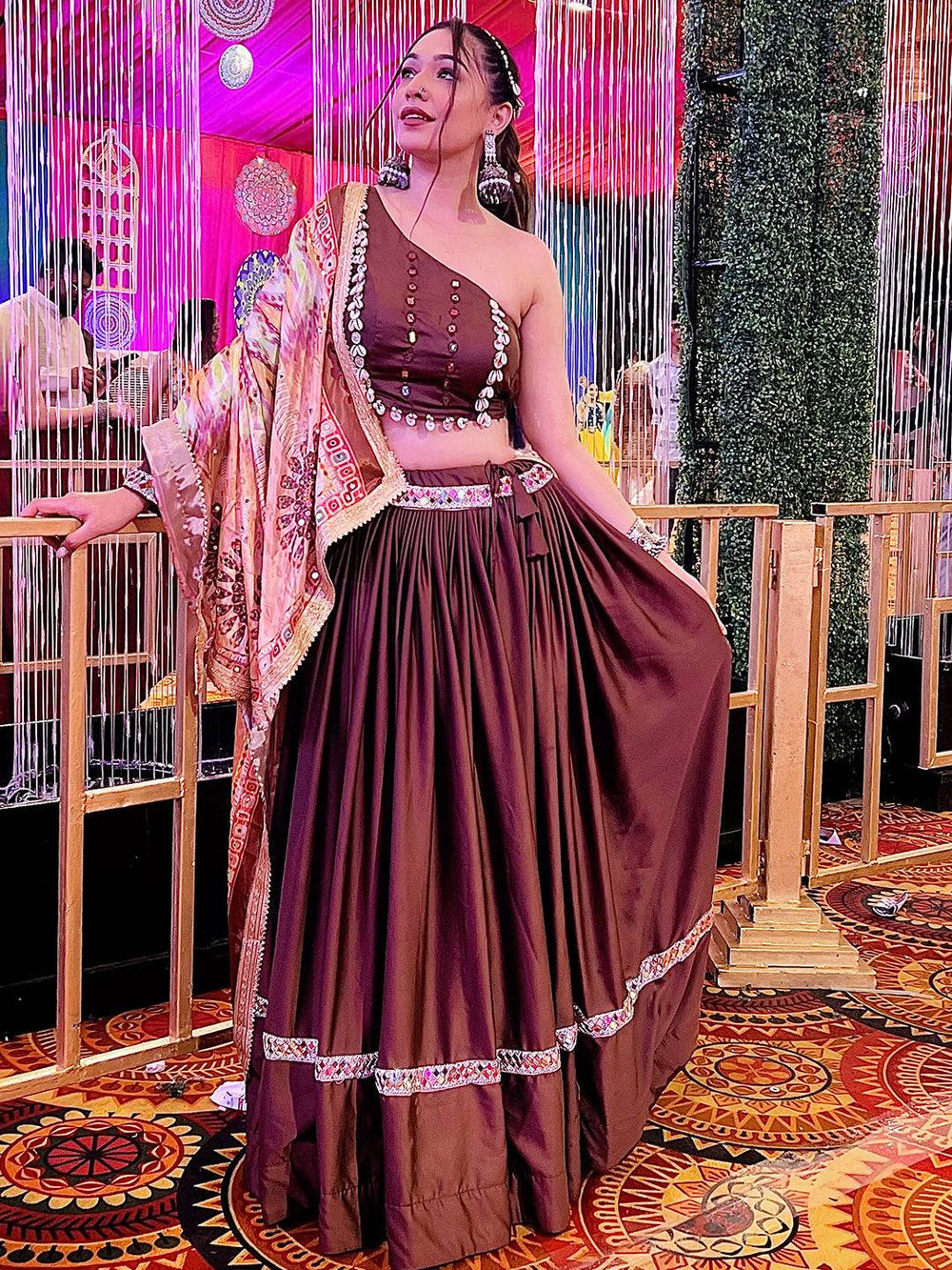 Deep Brown Mirror Work Lehenga