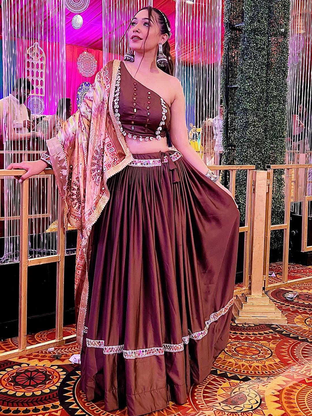 Deep Brown Mirror Work Lehenga