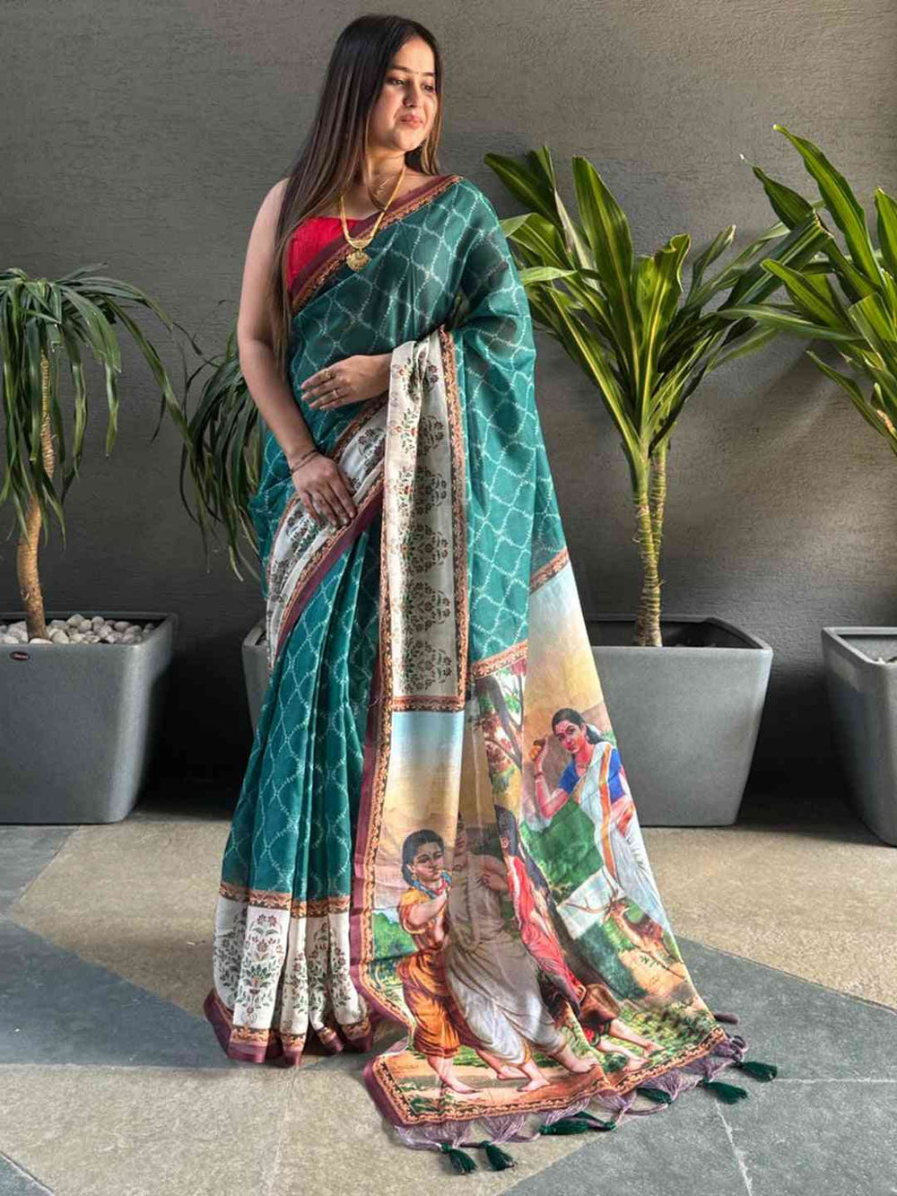 Teal Ikkat saree with kalamkari design, full view