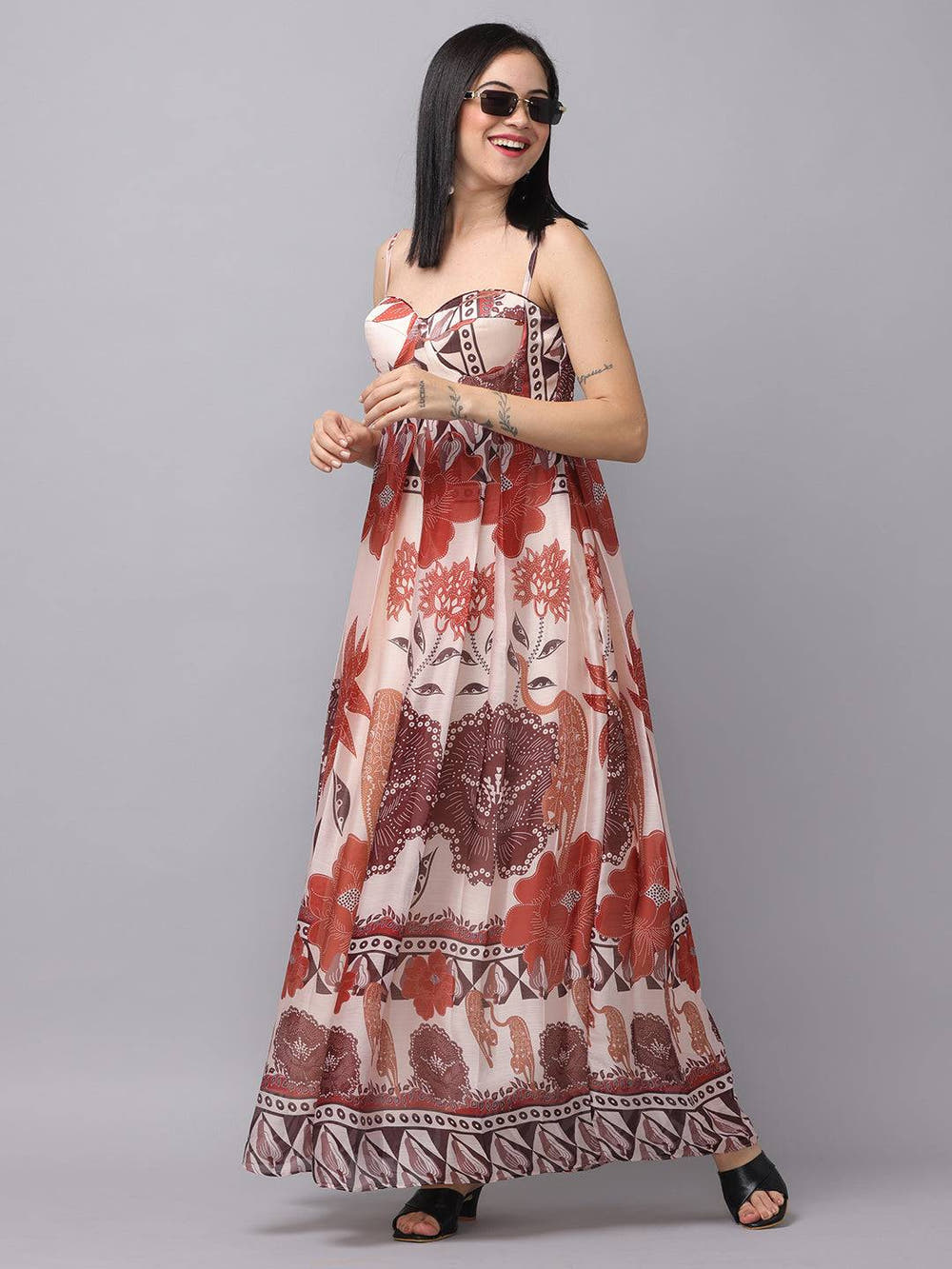 Side view of blush cream floral print dress