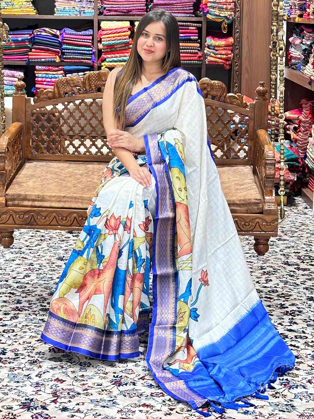 Blue Uppada silk saree with vibrant Kalamkari print