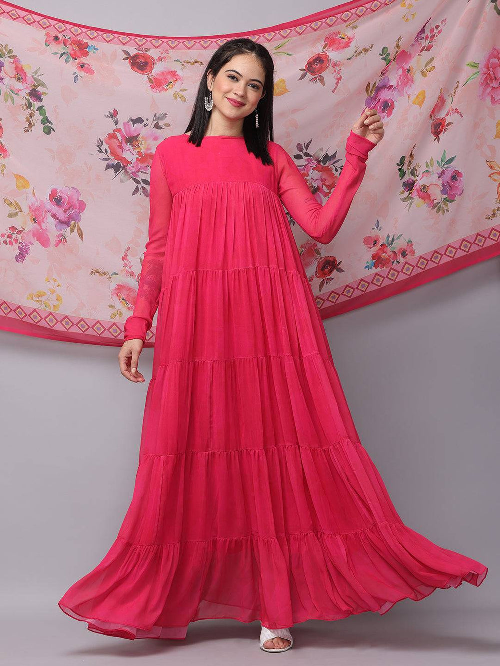 Majestic Rani Colored Long Dress with floral backdrop