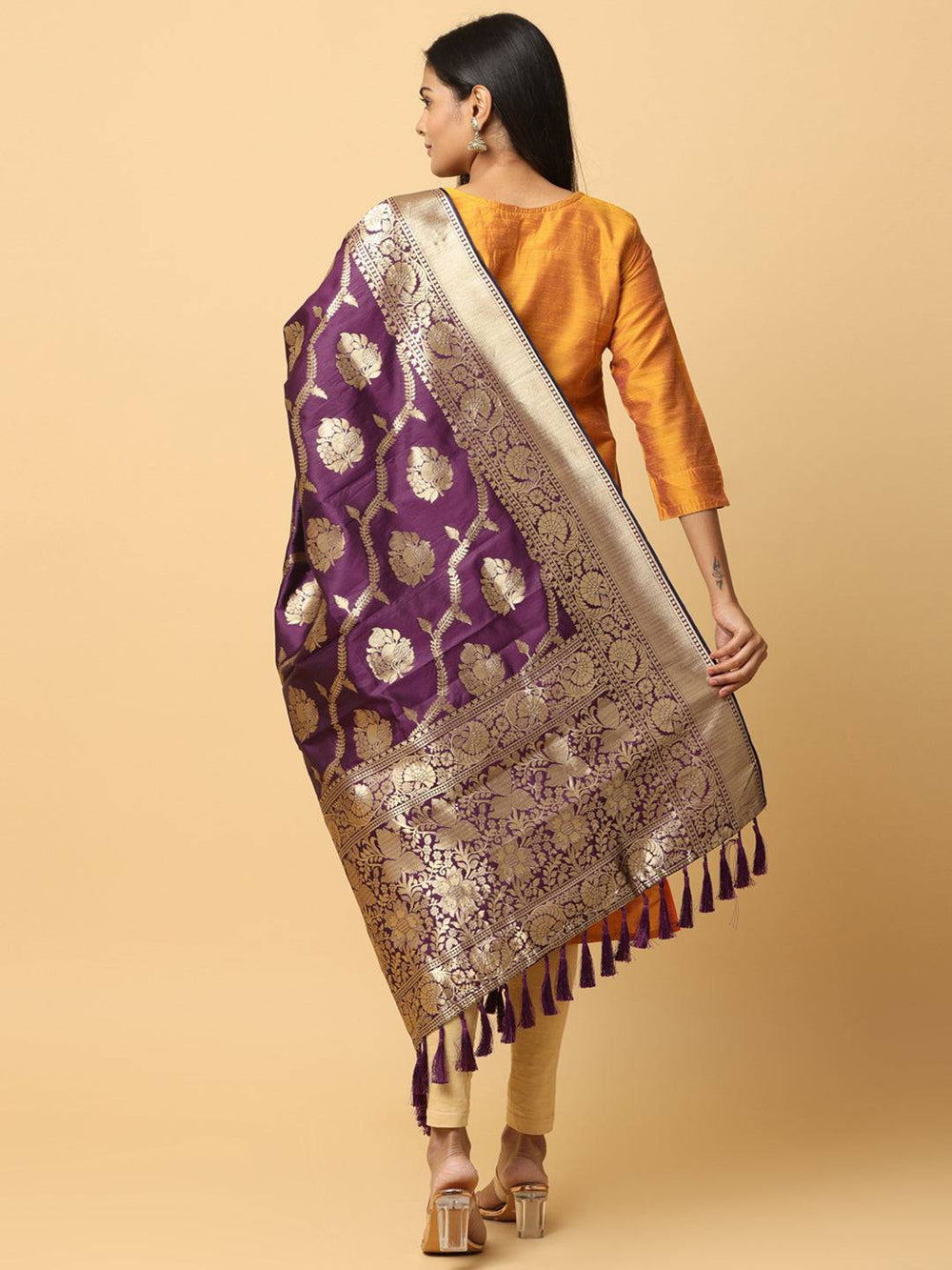Back view of wine silk blend woven design dupatta