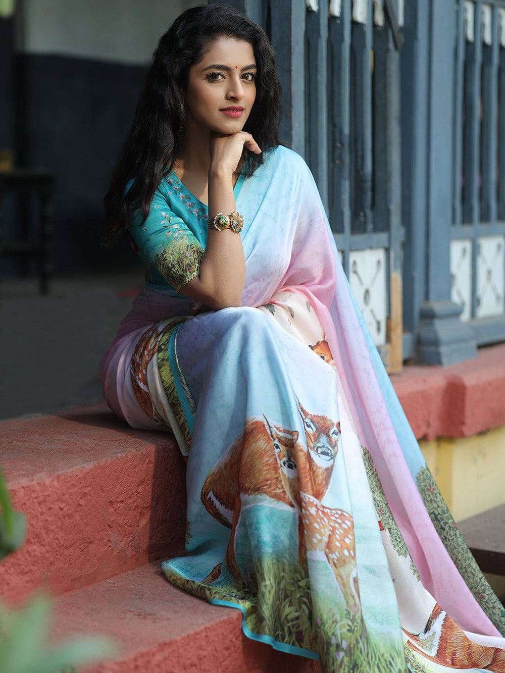 Latest Satin Georgette Multi Colour Hand Print Saree