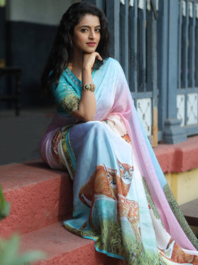 Latest Satin Georgette Multi Colour Hand Print Saree