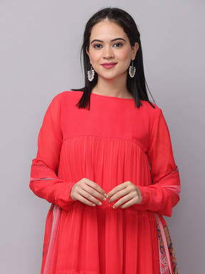 Close-up of Fiery Red Churidar Sleeves Dress