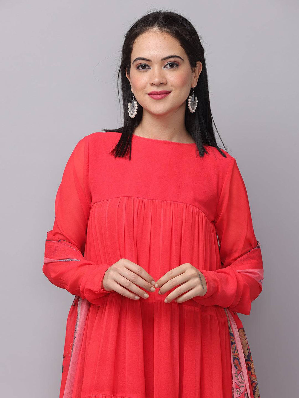 Close-up of Fiery Red Churidar Sleeves Dress